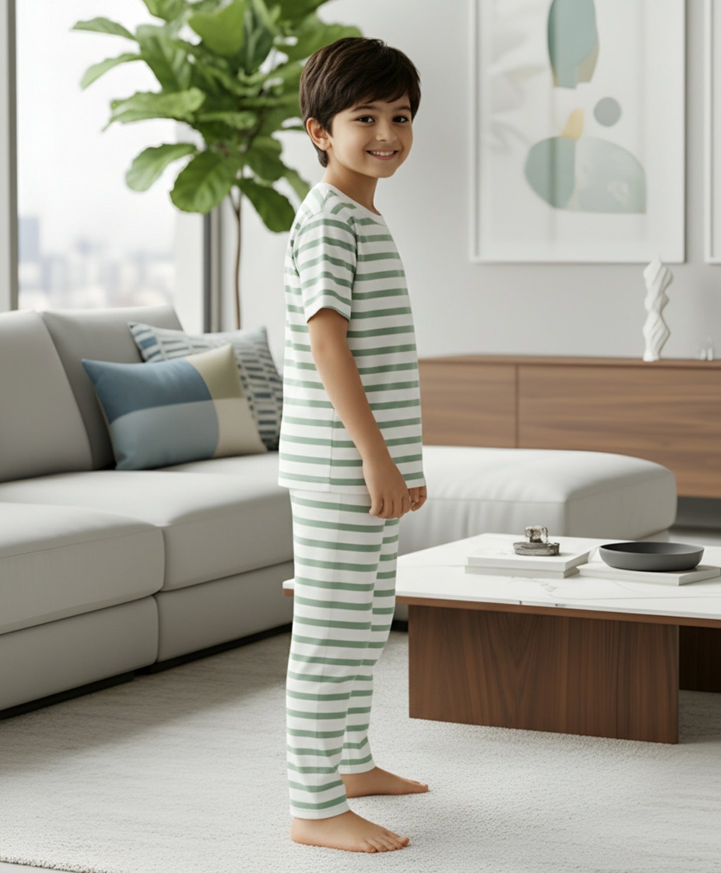 GREEN WHITE STRIPE SHORT SLEEVE PYJAMA SET - GREEN/WHITE