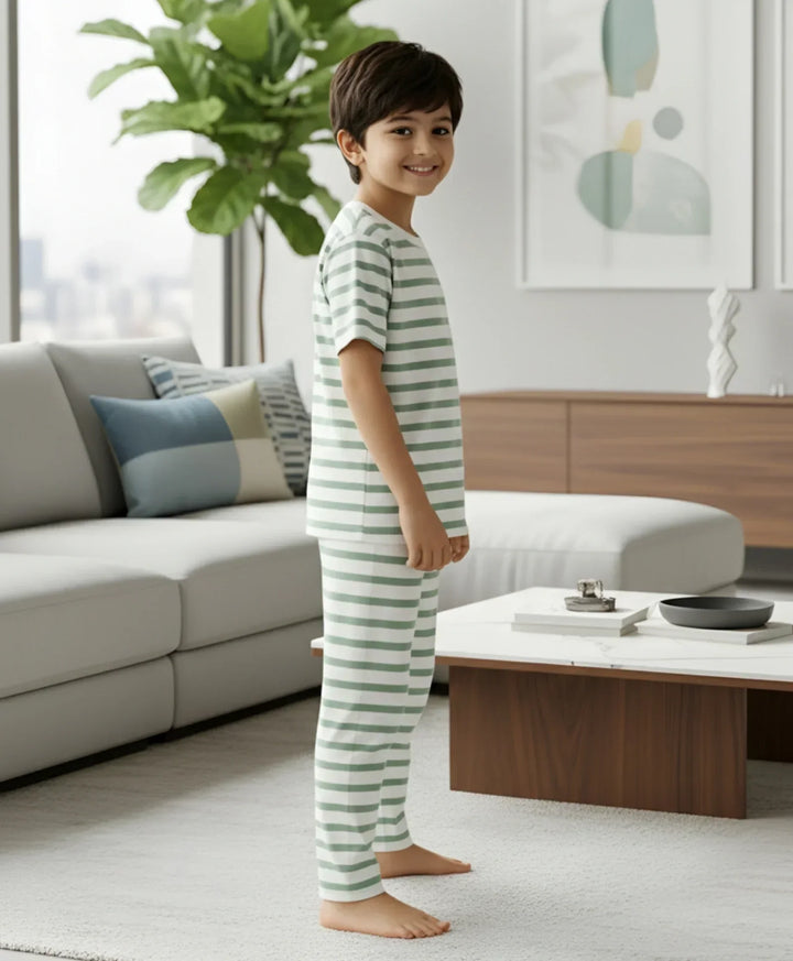 GREEN WHITE STRIPE SHORT SLEEVE PYJAMA SET - GREEN/WHITE - Anthrilo 