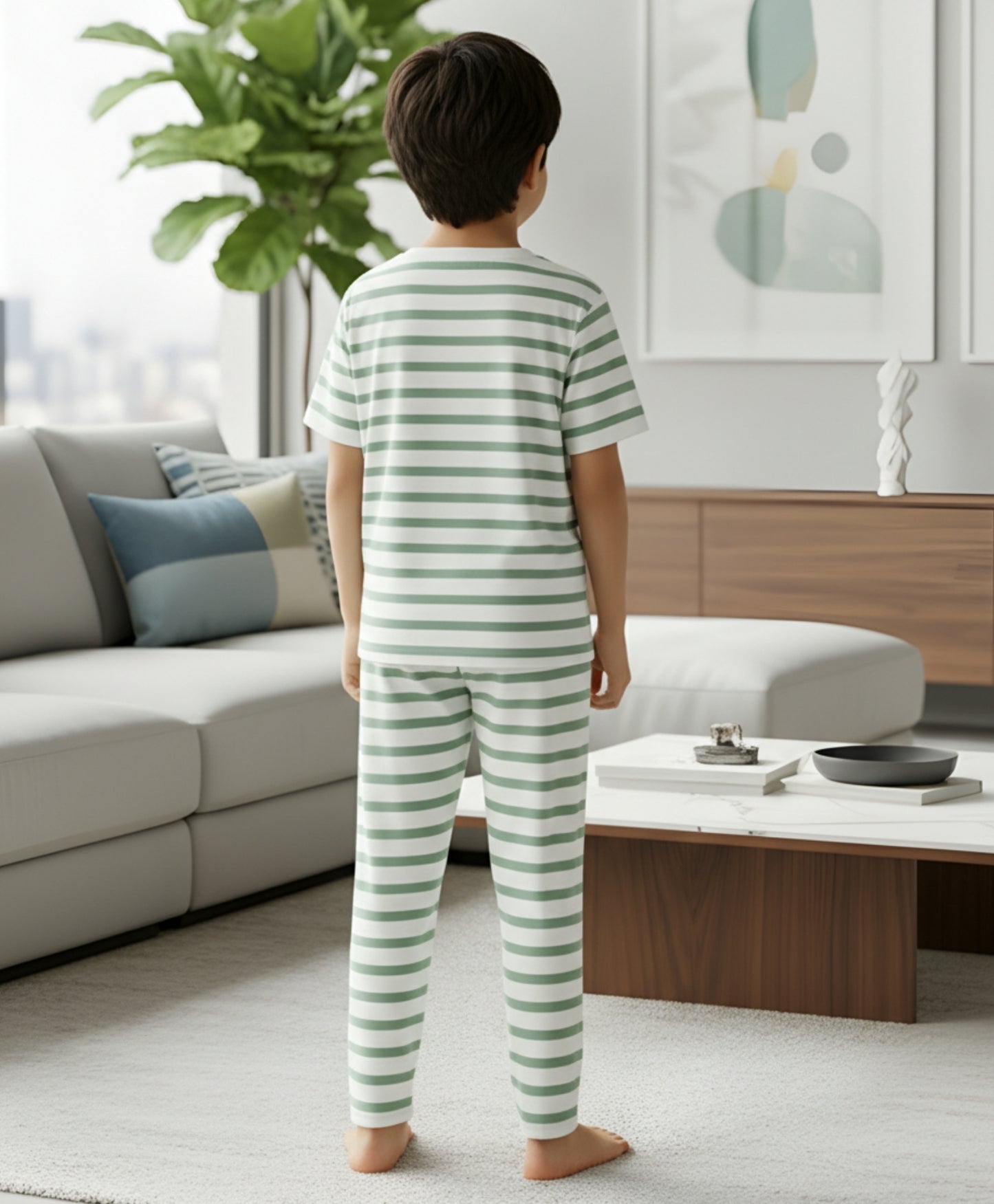 GREEN WHITE STRIPE SHORT SLEEVE PYJAMA SET - GREEN/WHITE