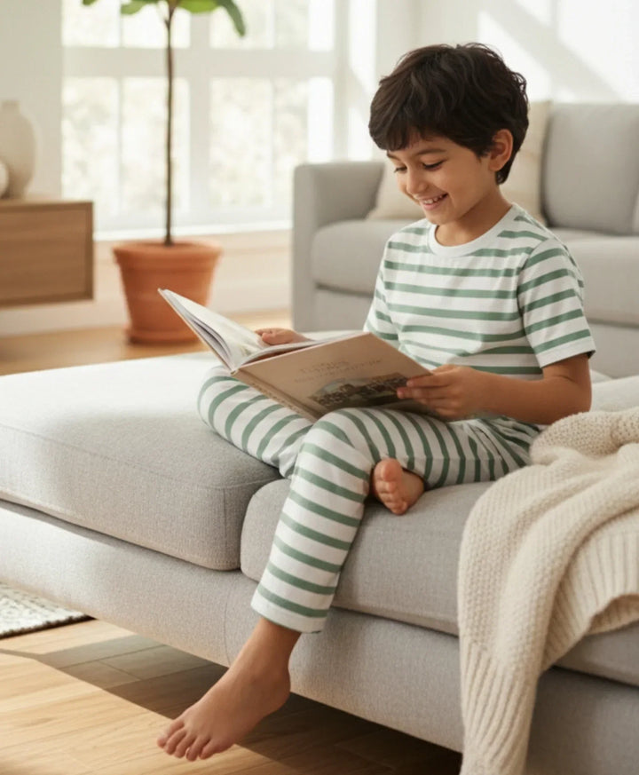 GREEN WHITE STRIPE SHORT SLEEVE PYJAMA SET - GREEN/WHITE - Anthrilo 
