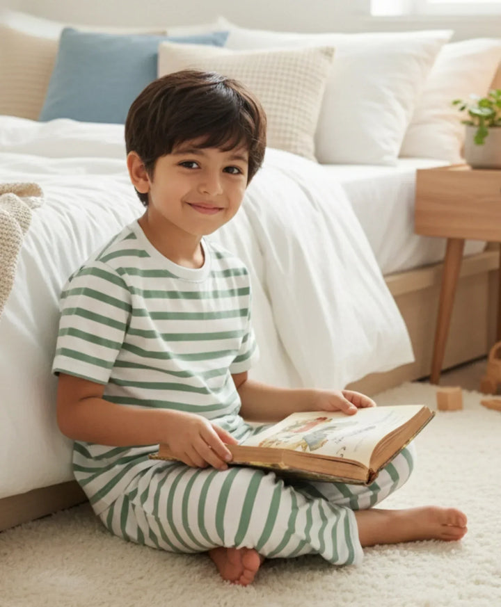 GREEN WHITE STRIPE SHORT SLEEVE PYJAMA SET - GREEN/WHITE - Anthrilo 