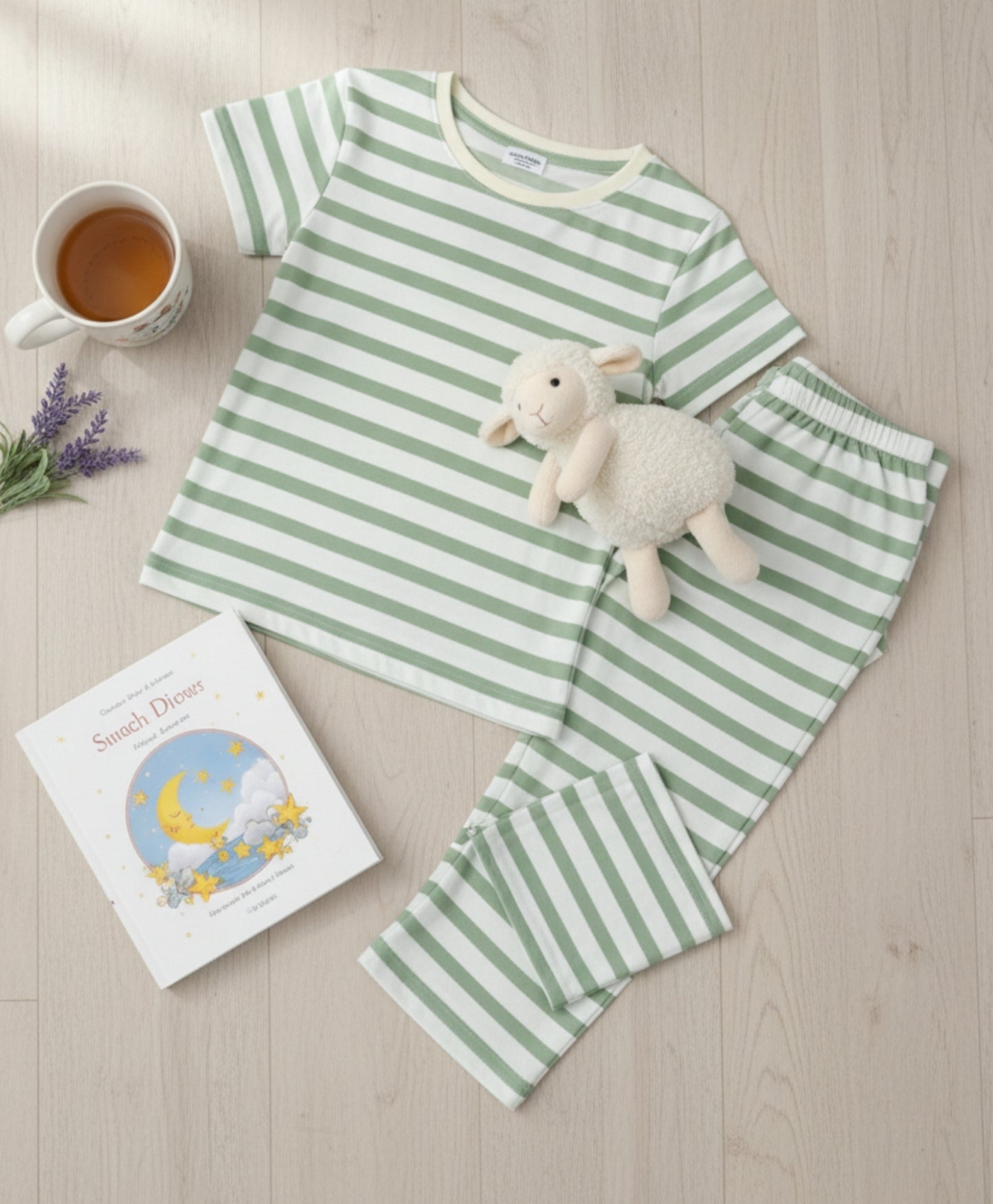 GREEN WHITE STRIPE SHORT SLEEVE PYJAMA SET - GREEN/WHITE