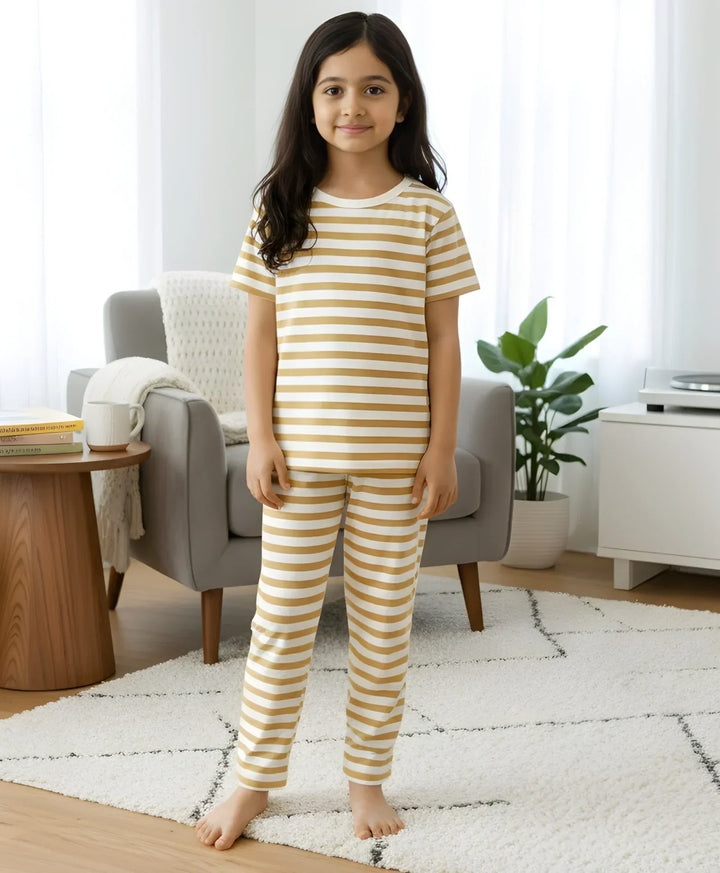 Beige White Stripe Girls Short Sleeve Pyjama Set - Beige/White