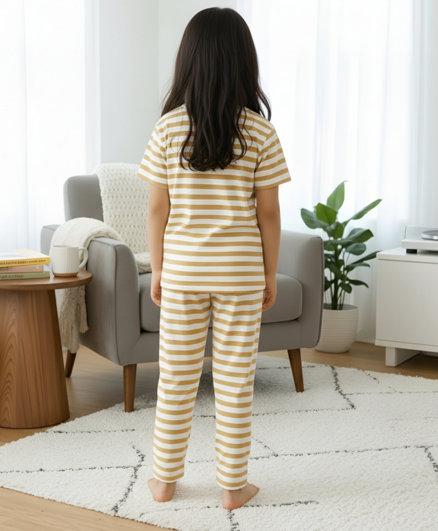 BEIGE WHITE STRIPE GIRLS SHORT SLEEVE PYJAMA SET - BEIGE/WHITE