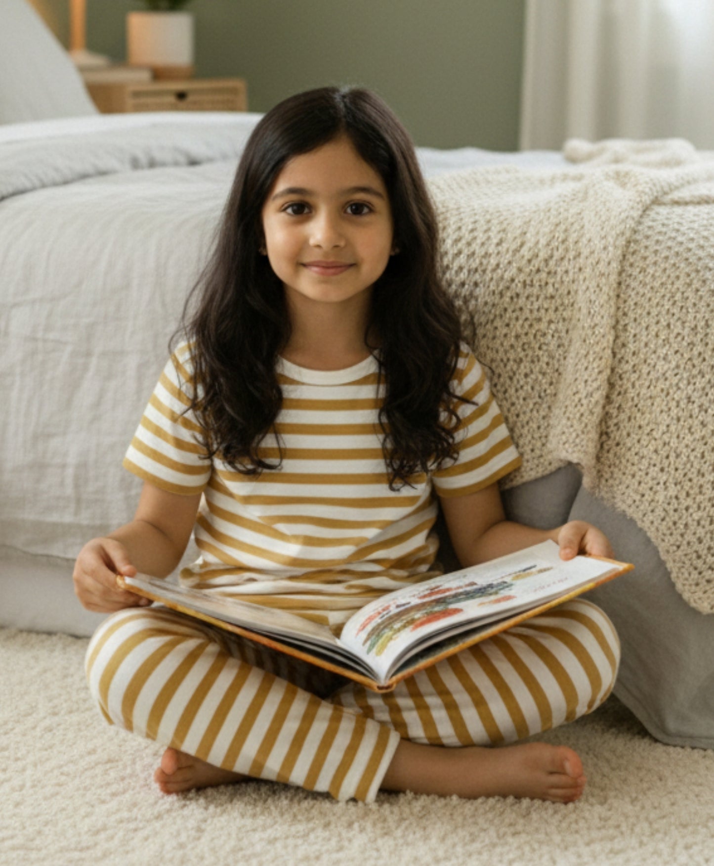 BEIGE WHITE STRIPE GIRLS SHORT SLEEVE PYJAMA SET - BEIGE/WHITE