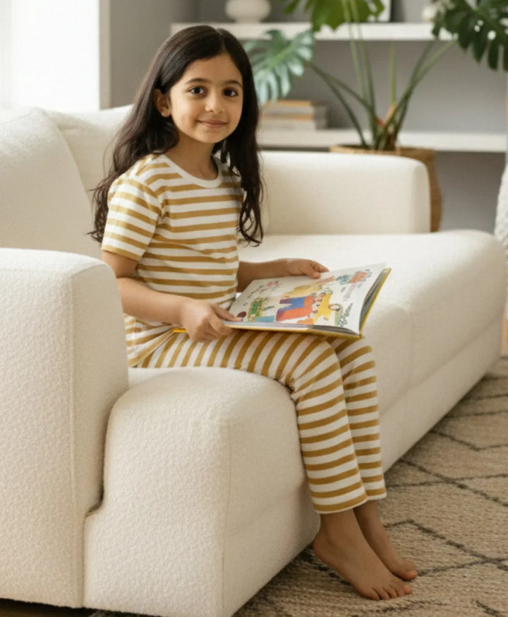 Beige White Stripe Girls Short Sleeve Pyjama Set - Beige/White