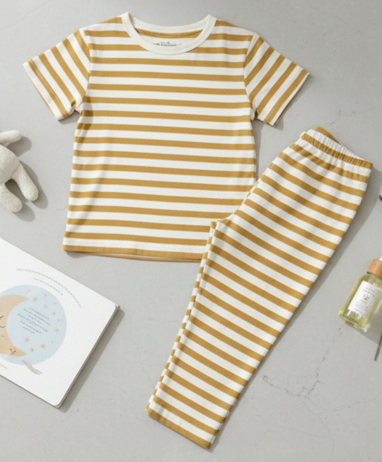 BEIGE WHITE STRIPE GIRLS SHORT SLEEVE PYJAMA SET - BEIGE/WHITE