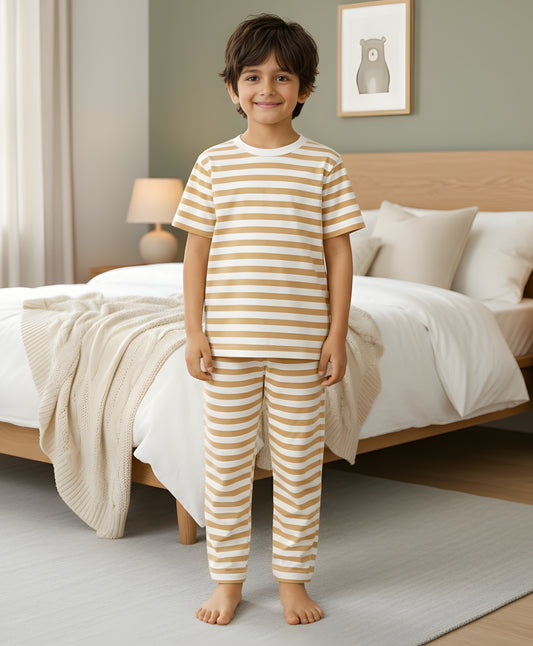 BEIGE WHITE STRIPE SHORT SLEEVE PYJAMA SET - BEIGE/WHITE