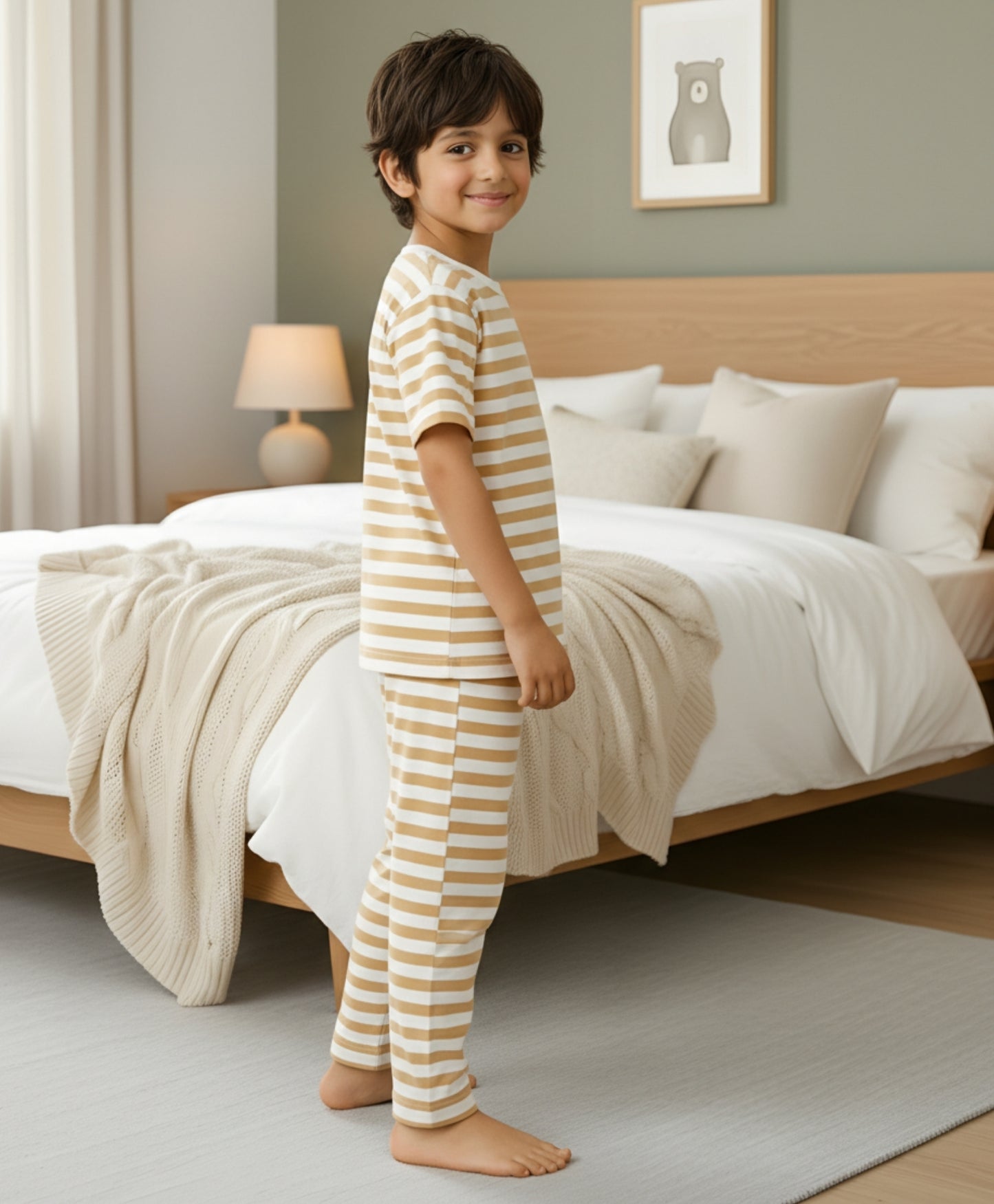 BEIGE WHITE STRIPE SHORT SLEEVE PYJAMA SET - BEIGE/WHITE