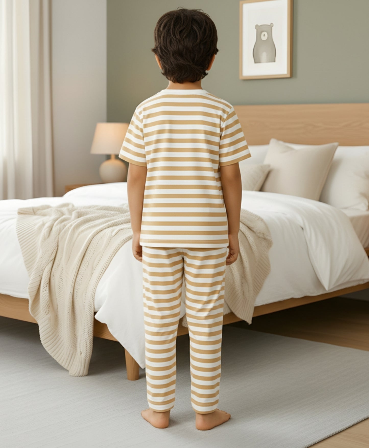 BEIGE WHITE STRIPE SHORT SLEEVE PYJAMA SET - BEIGE/WHITE