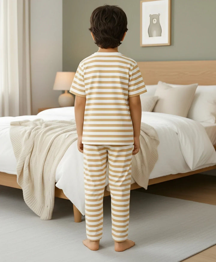 BEIGE WHITE STRIPE SHORT SLEEVE PYJAMA SET - BEIGE/WHITE - Anthrilo 