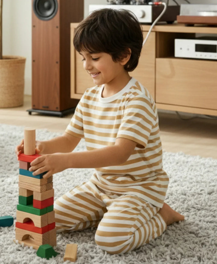 BEIGE WHITE STRIPE SHORT SLEEVE PYJAMA SET - BEIGE/WHITE - Anthrilo 