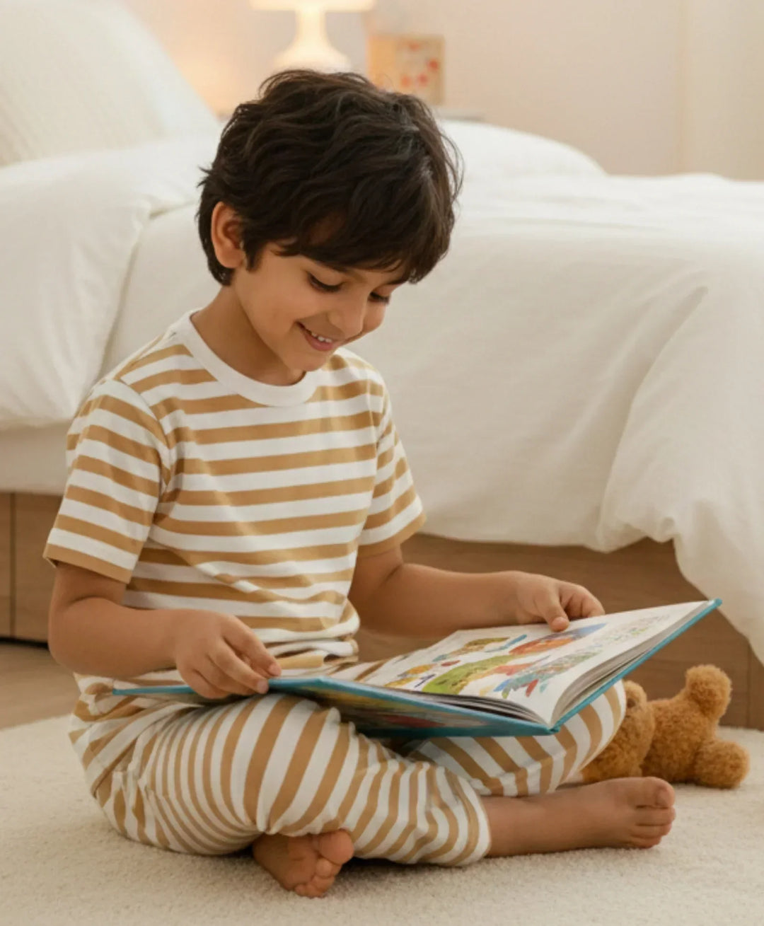 BEIGE WHITE STRIPE SHORT SLEEVE PYJAMA SET - BEIGE/WHITE - Anthrilo 