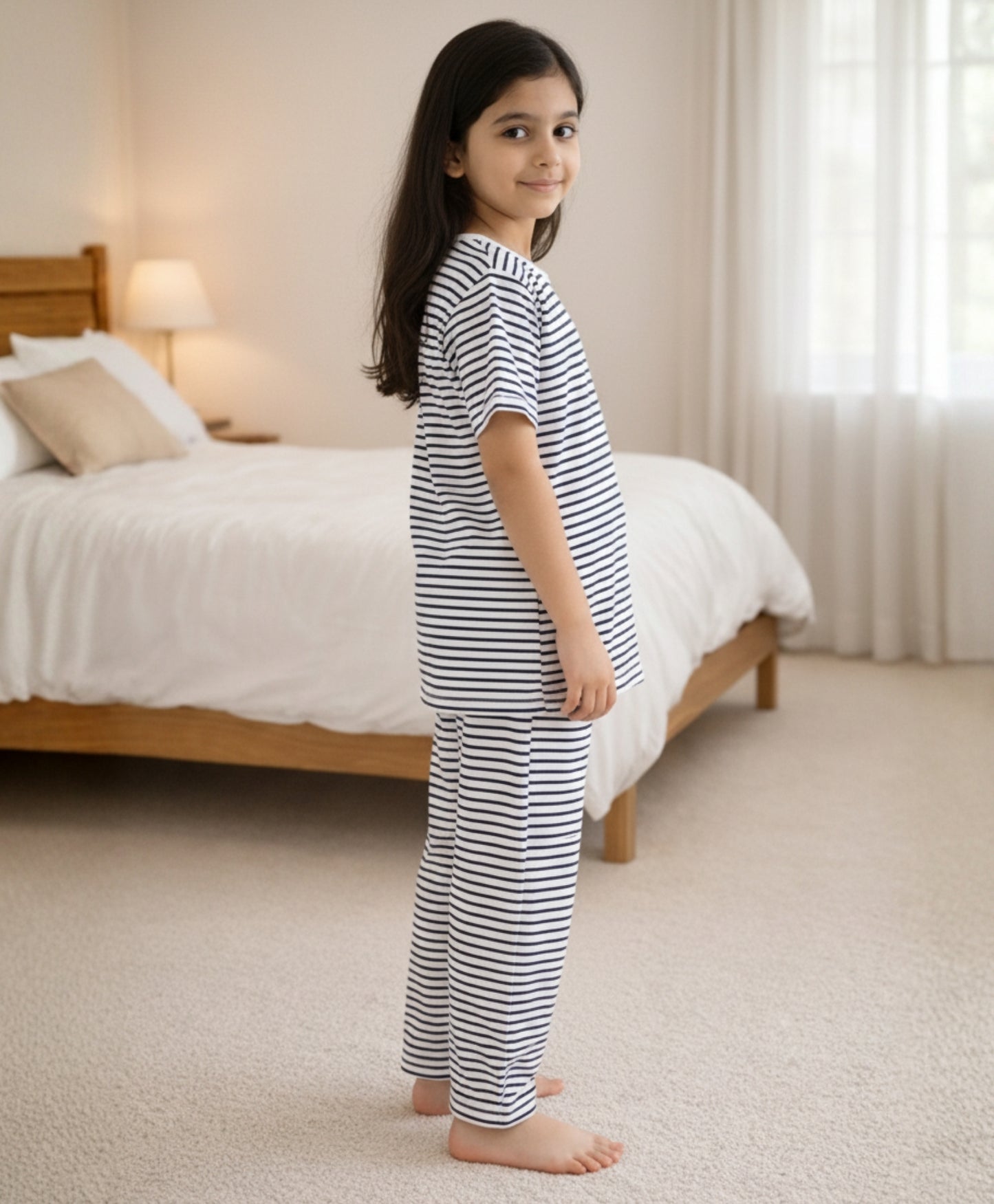 BLACK WHITE STRIPE GIRLS SHORT SLEEVE PYJAMA SET - BLACK/WHITE