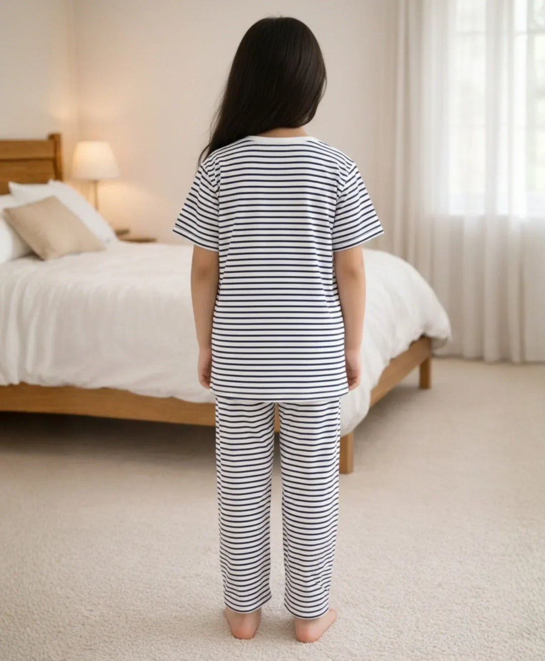 BLACK WHITE STRIPE GIRLS SHORT SLEEVE PYJAMA SET - BLACK/WHITE - Anthrilo 