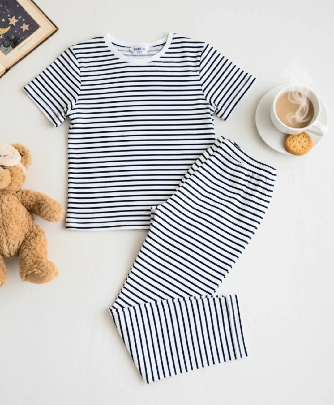 BLACK WHITE STRIPE GIRLS SHORT SLEEVE PYJAMA SET - BLACK/WHITE - Anthrilo 