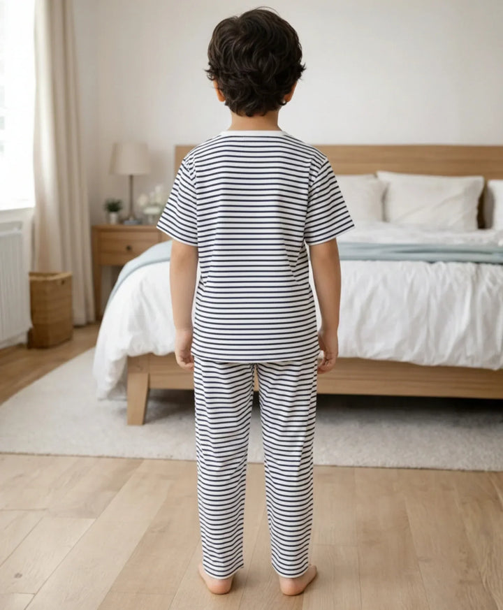 BLACK WHITE STRIPE SHORT SLEEVE PYJAMA SET - BLACK/WHITE - Anthrilo 