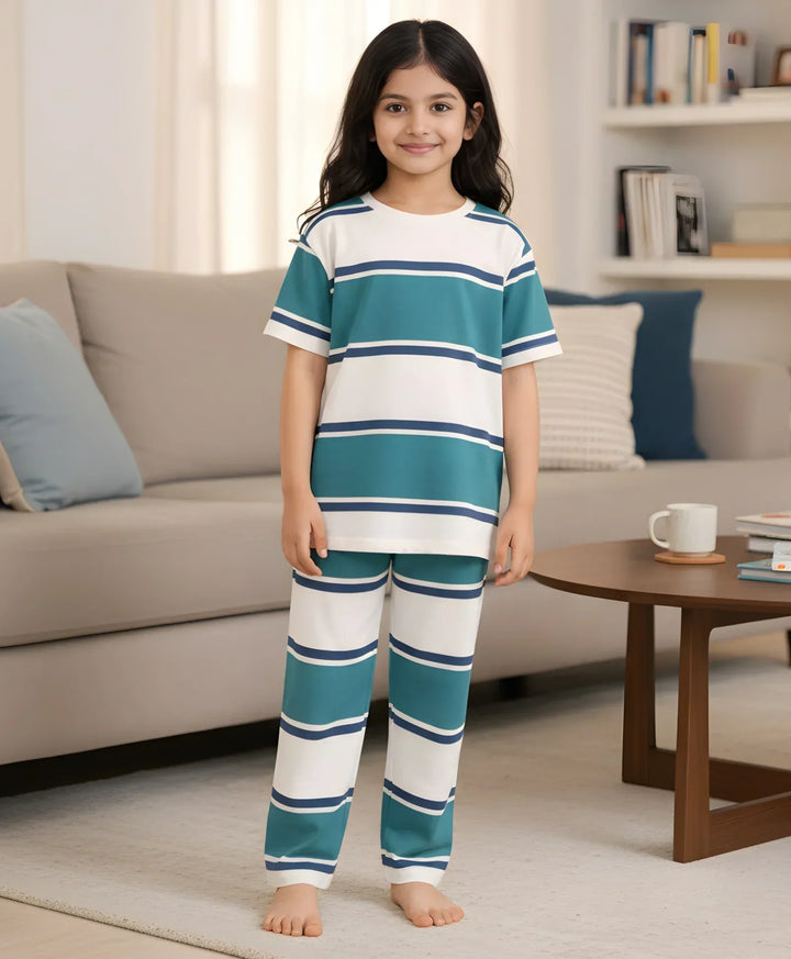 Oil Green Navy White Stripe Girls Short Sleeve Pyjama Set - Oil Green/Navy/White