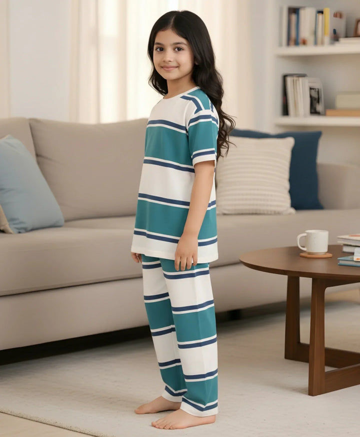 Oil Green Navy White Stripe Girls Short Sleeve Pyjama Set - Oil Green/Navy/White