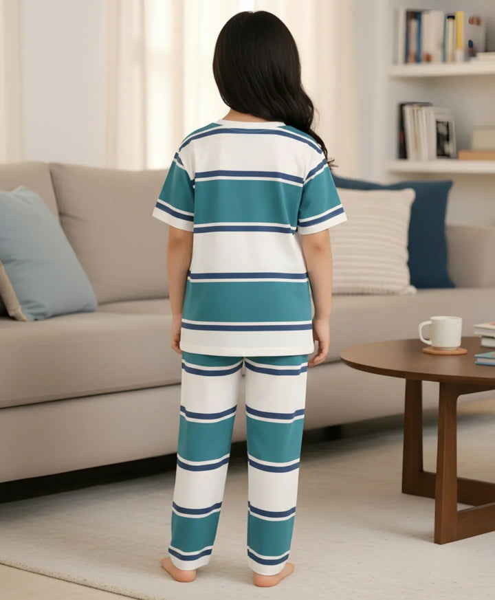 Oil Green Navy White Stripe Girls Short Sleeve Pyjama Set - Oil Green/Navy/White