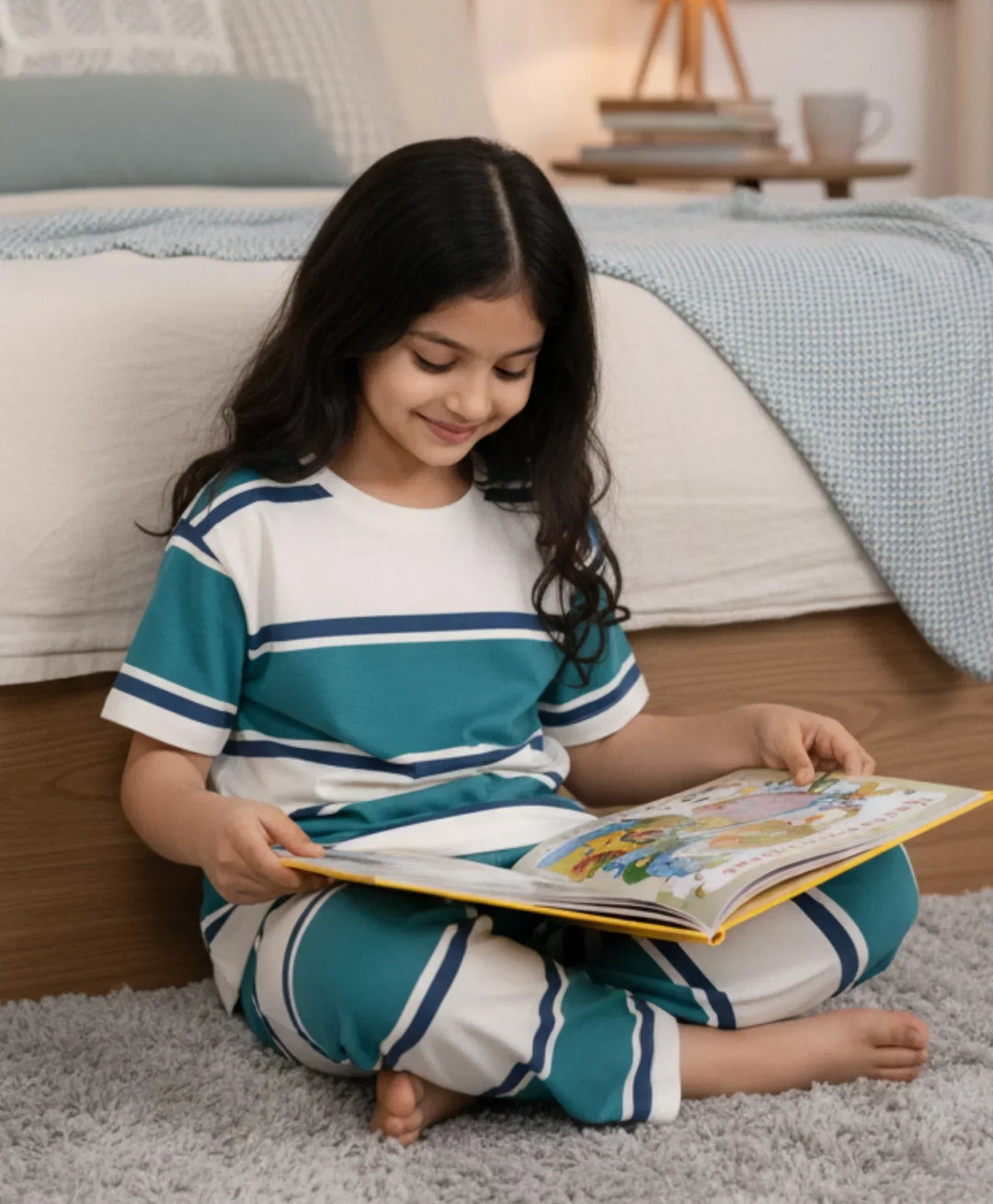 Oil Green Navy White Stripe Girls Short Sleeve Pyjama Set - Oil Green/Navy/White
