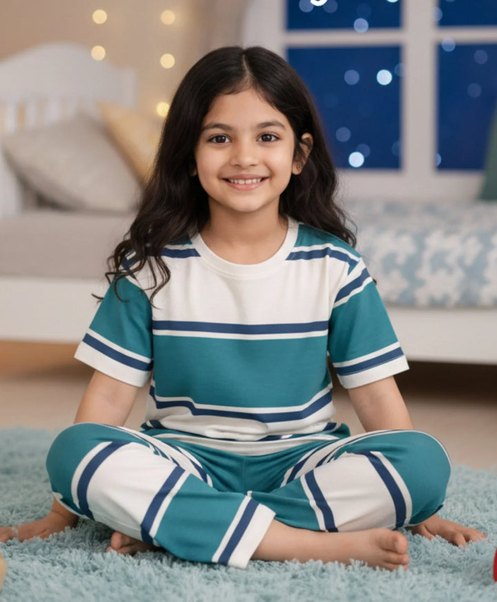 Oil Green Navy White Stripe Short Sleeve Pyjama Set - Oil Green/Navy/White