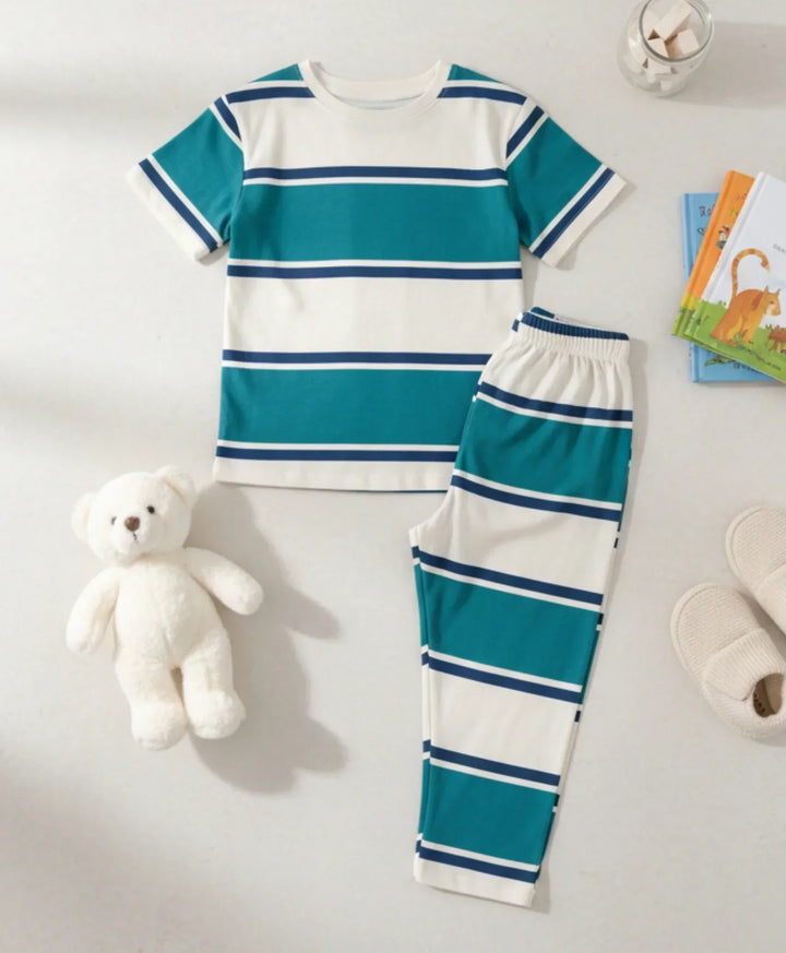 Oil Green Navy White Stripe Girls Short Sleeve Pyjama Set - Oil Green/Navy/White