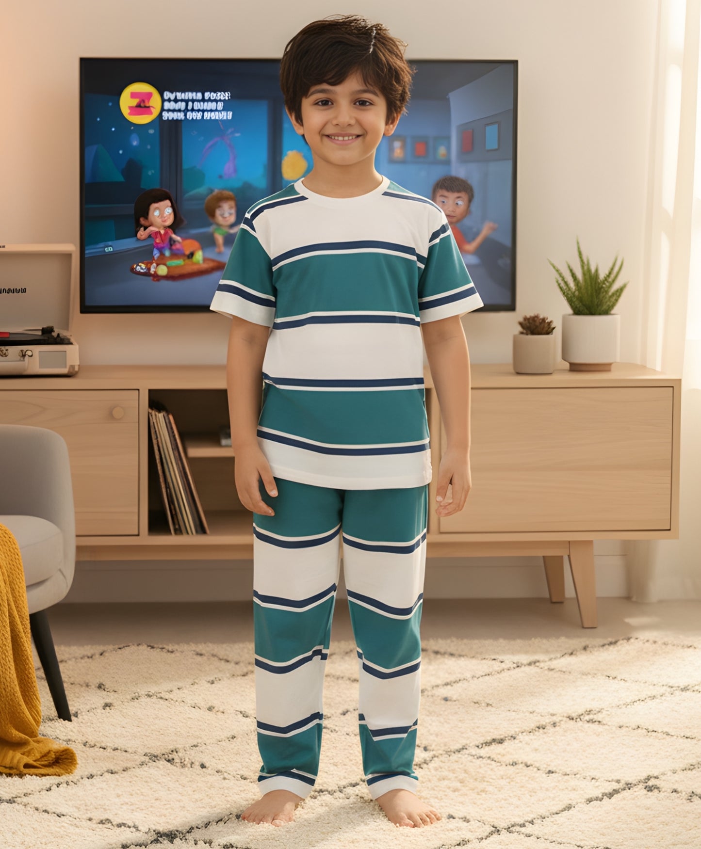 OIL GREEN NAVY WHITE STRIPE SHORT SLEEVE PYJAMA SET - OIL GREEN/NAVY/WHITE