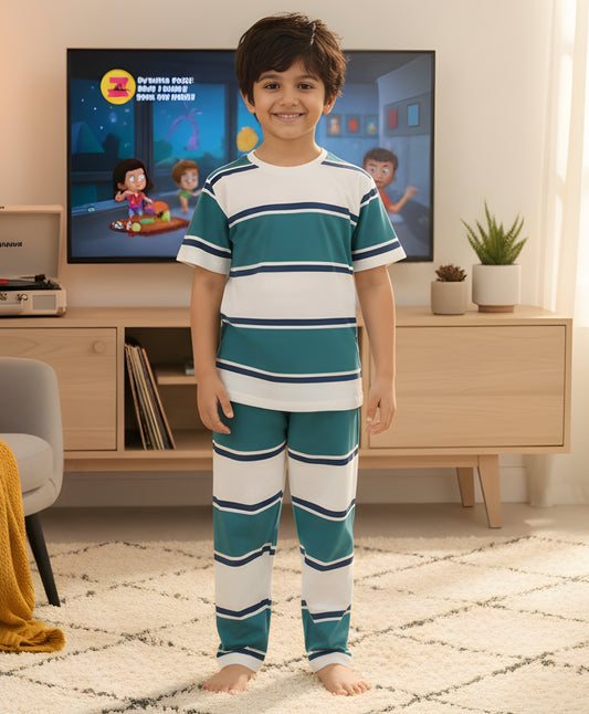 OIL GREEN NAVY WHITE STRIPE SHORT SLEEVE PYJAMA SET - OIL GREEN/NAVY/WHITE