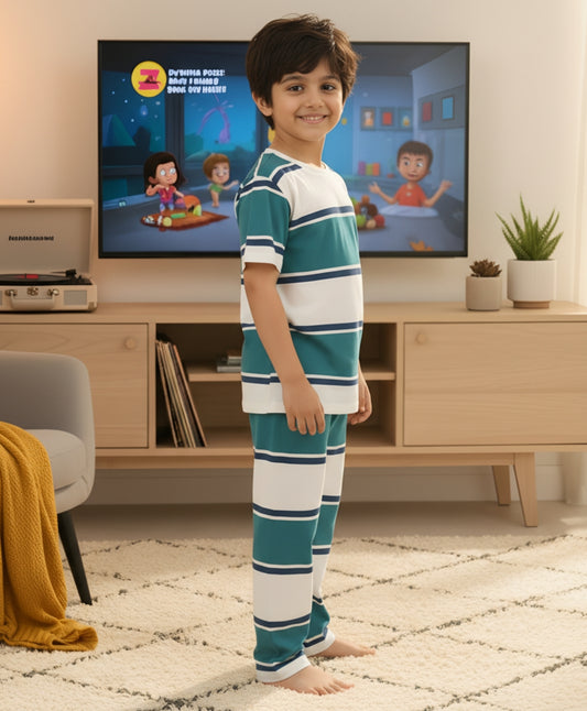 OIL GREEN NAVY WHITE STRIPE SHORT SLEEVE PYJAMA SET - OIL GREEN/NAVY/WHITE