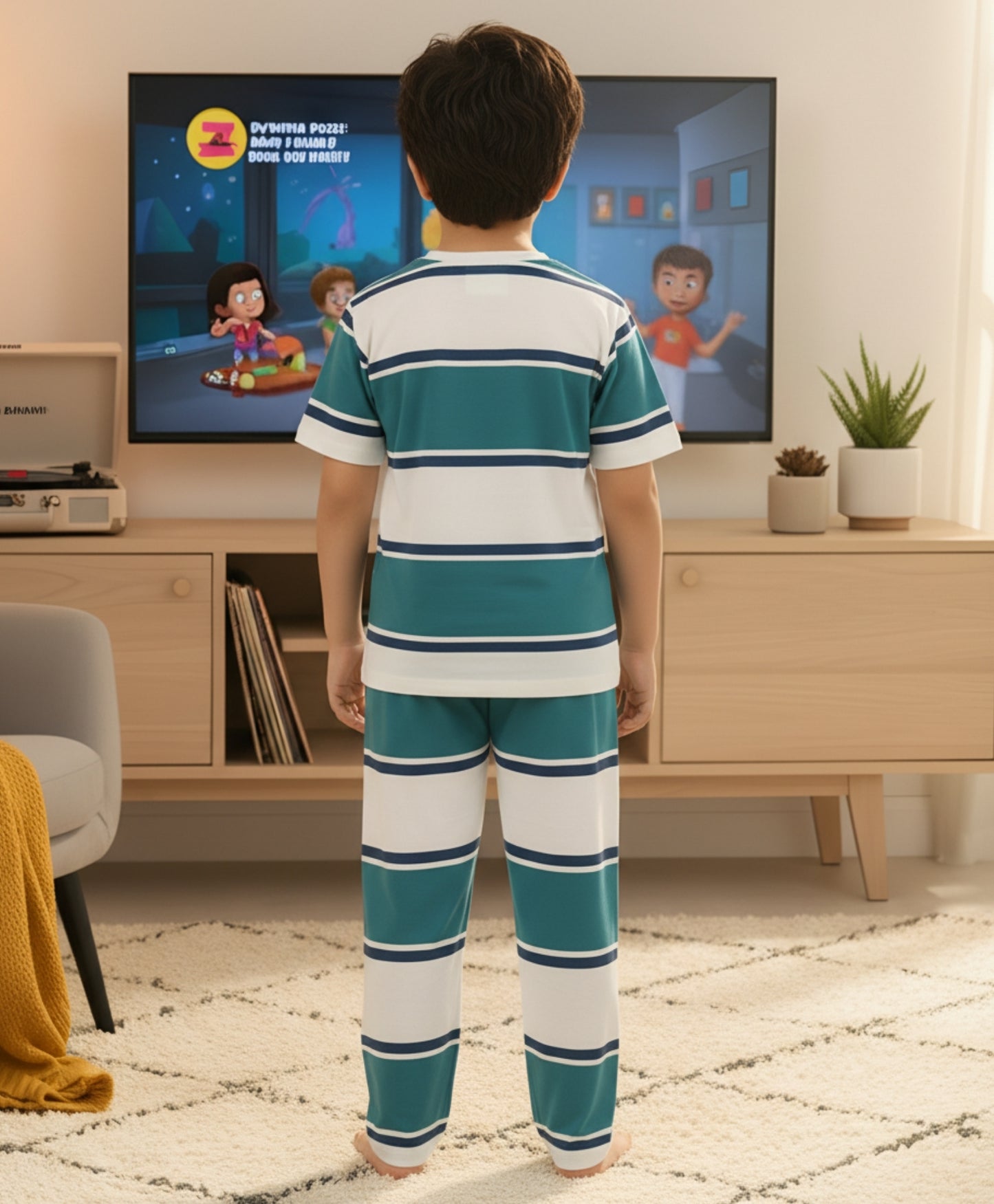 OIL GREEN NAVY WHITE STRIPE SHORT SLEEVE PYJAMA SET - OIL GREEN/NAVY/WHITE