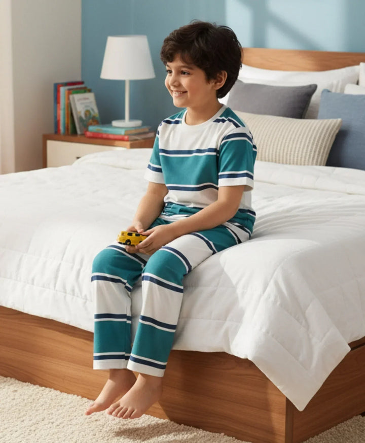 OIL GREEN NAVY WHITE STRIPE SHORT SLEEVE PYJAMA SET - OIL GREEN/NAVY/WHITE - Anthrilo 