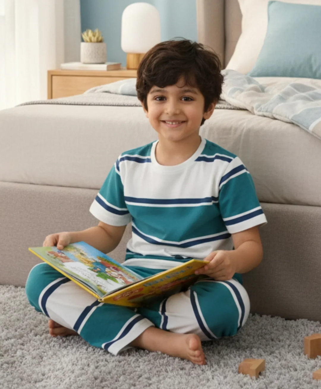 OIL GREEN NAVY WHITE STRIPE SHORT SLEEVE PYJAMA SET - OIL GREEN/NAVY/WHITE - Anthrilo 