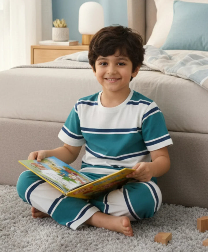 OIL GREEN NAVY WHITE STRIPE SHORT SLEEVE PYJAMA SET - OIL GREEN/NAVY/WHITE - Anthrilo 