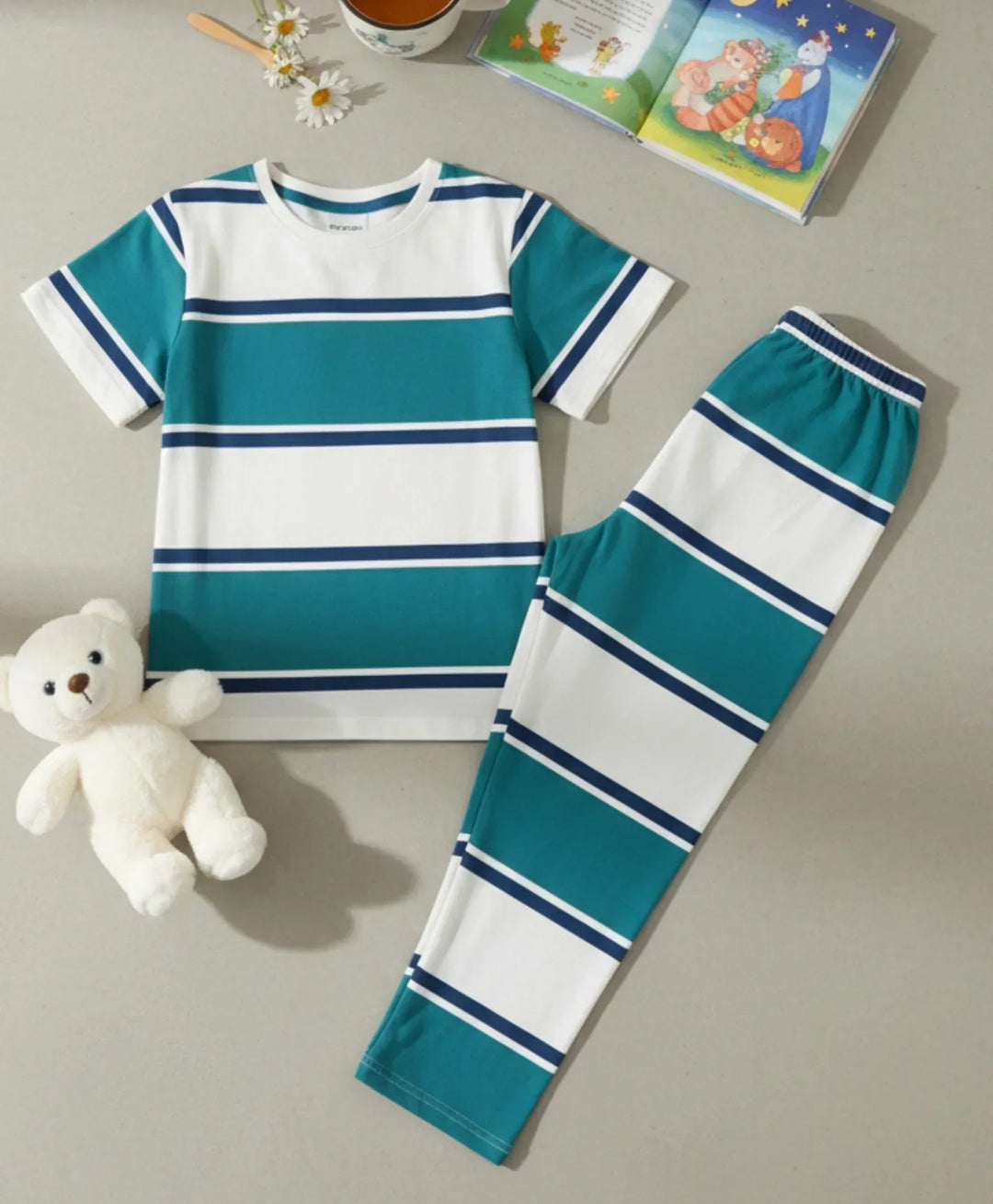 OIL GREEN NAVY WHITE STRIPE SHORT SLEEVE PYJAMA SET - OIL GREEN/NAVY/WHITE - Anthrilo 