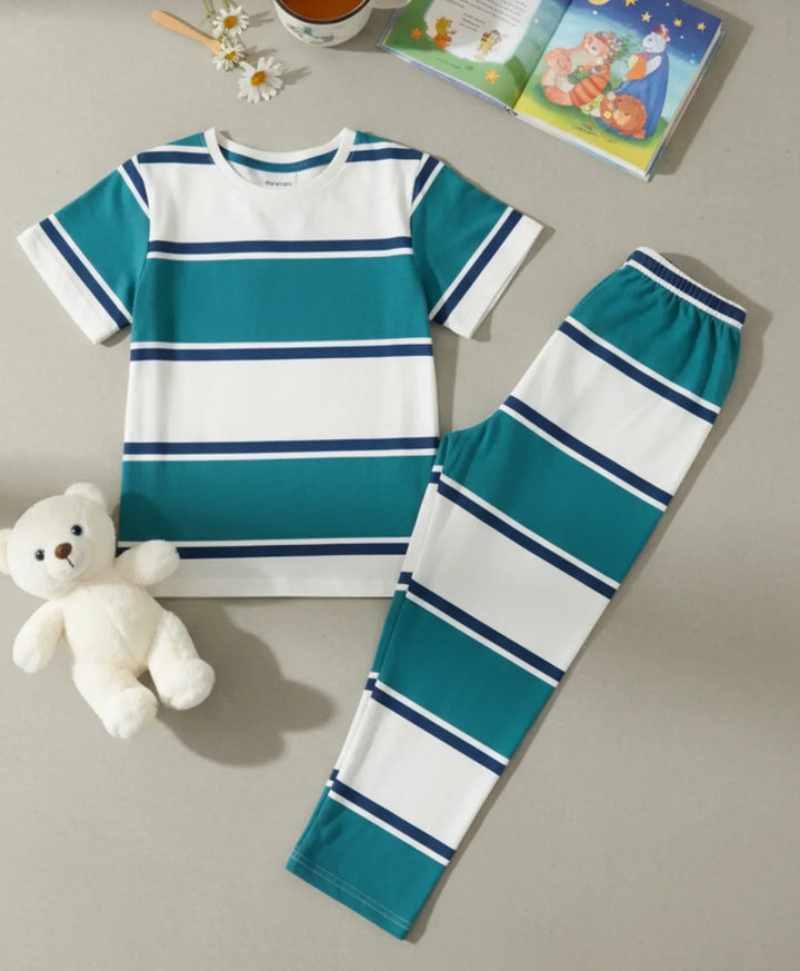 OIL GREEN NAVY WHITE STRIPE SHORT SLEEVE PYJAMA SET - OIL GREEN/NAVY/WHITE - Anthrilo 