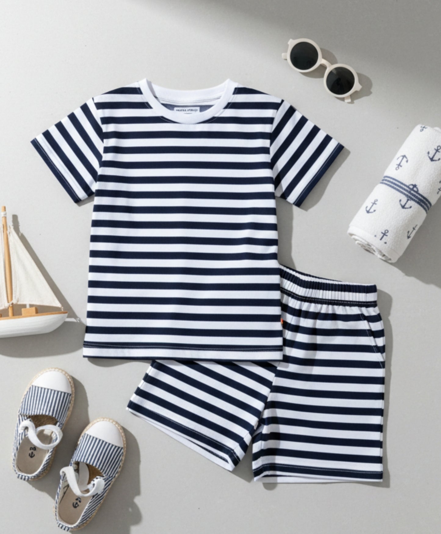 NAVY WHITE STRIPE BOYS SLEEPWEAR SHORT SET - NAVY/WHITE