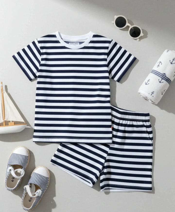 NAVY WHITE STRIPE BOYS SLEEPWEAR SHORT SET - NAVY/WHITE - Anthrilo 