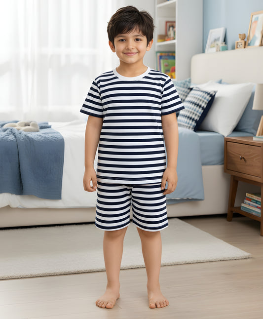 NAVY WHITE STRIPE BOYS SLEEPWEAR SHORT SET - NAVY/WHITE