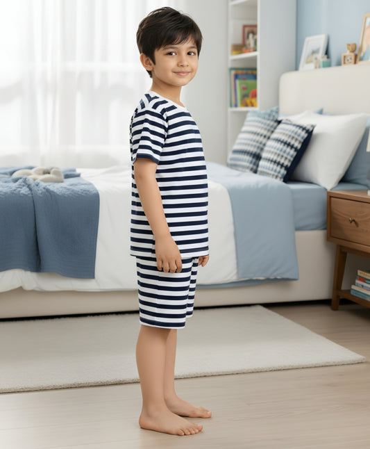 NAVY WHITE STRIPE BOYS SLEEPWEAR SHORT SET - NAVY/WHITE