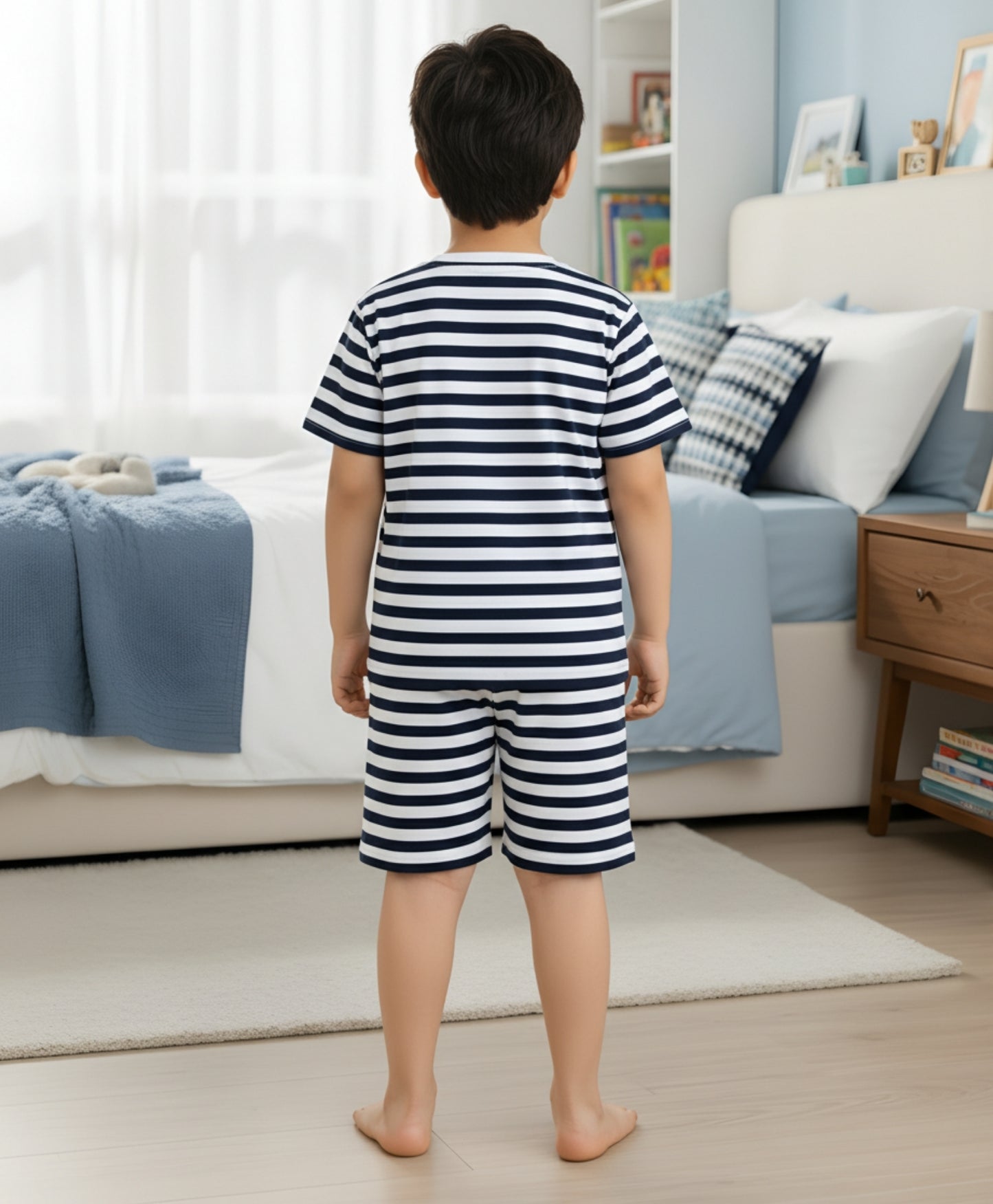 NAVY WHITE STRIPE BOYS SLEEPWEAR SHORT SET - NAVY/WHITE