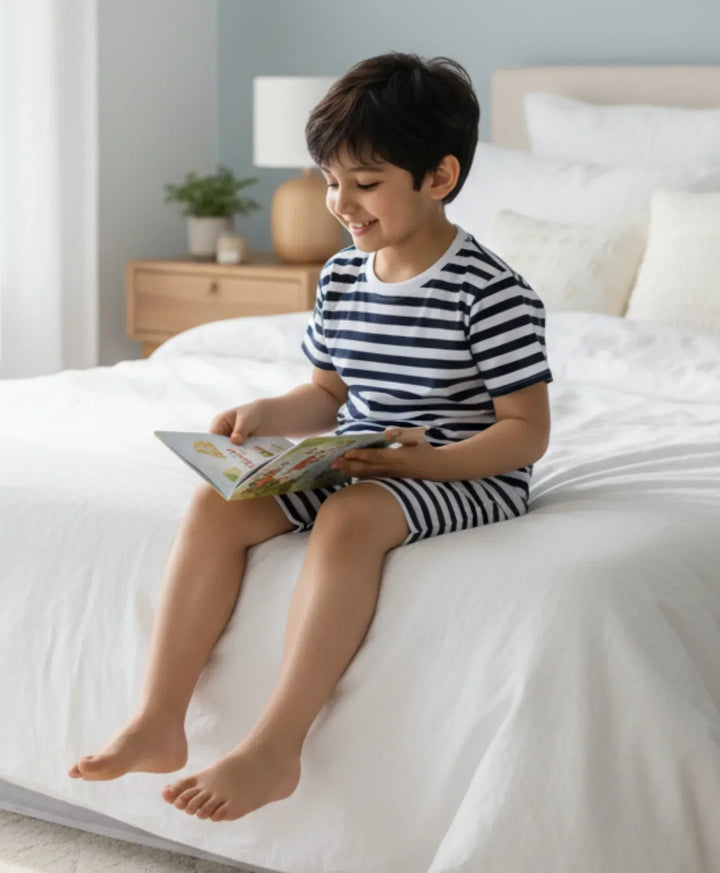 NAVY WHITE STRIPE BOYS SLEEPWEAR SHORT SET - NAVY/WHITE - Anthrilo 