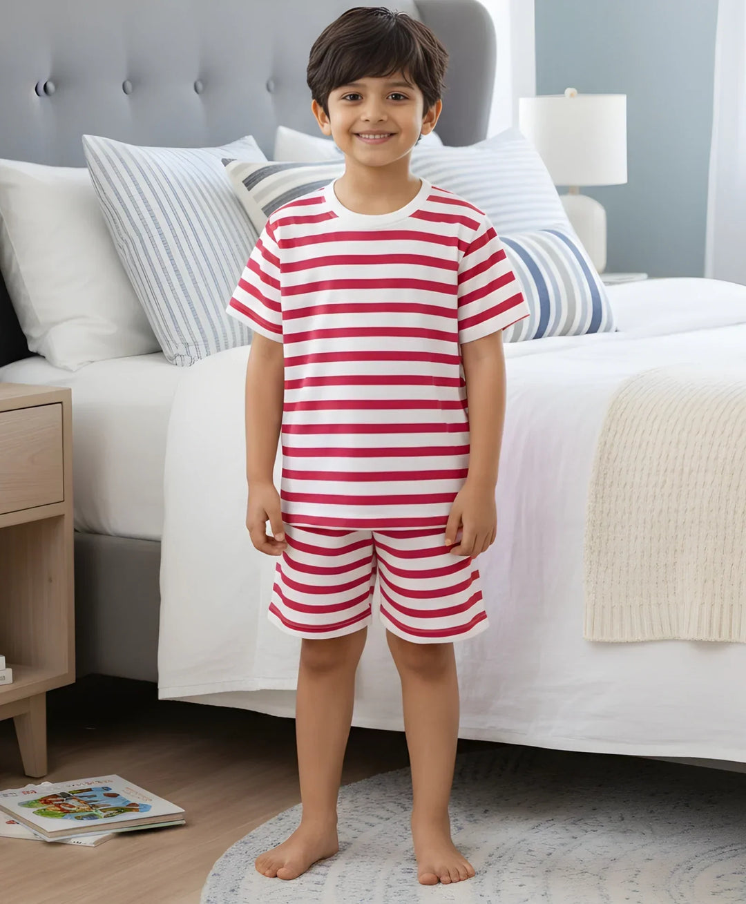 RED WHITE STRIPE SLEEPWEAR SHORT SET - RED/WHITE - Anthrilo 