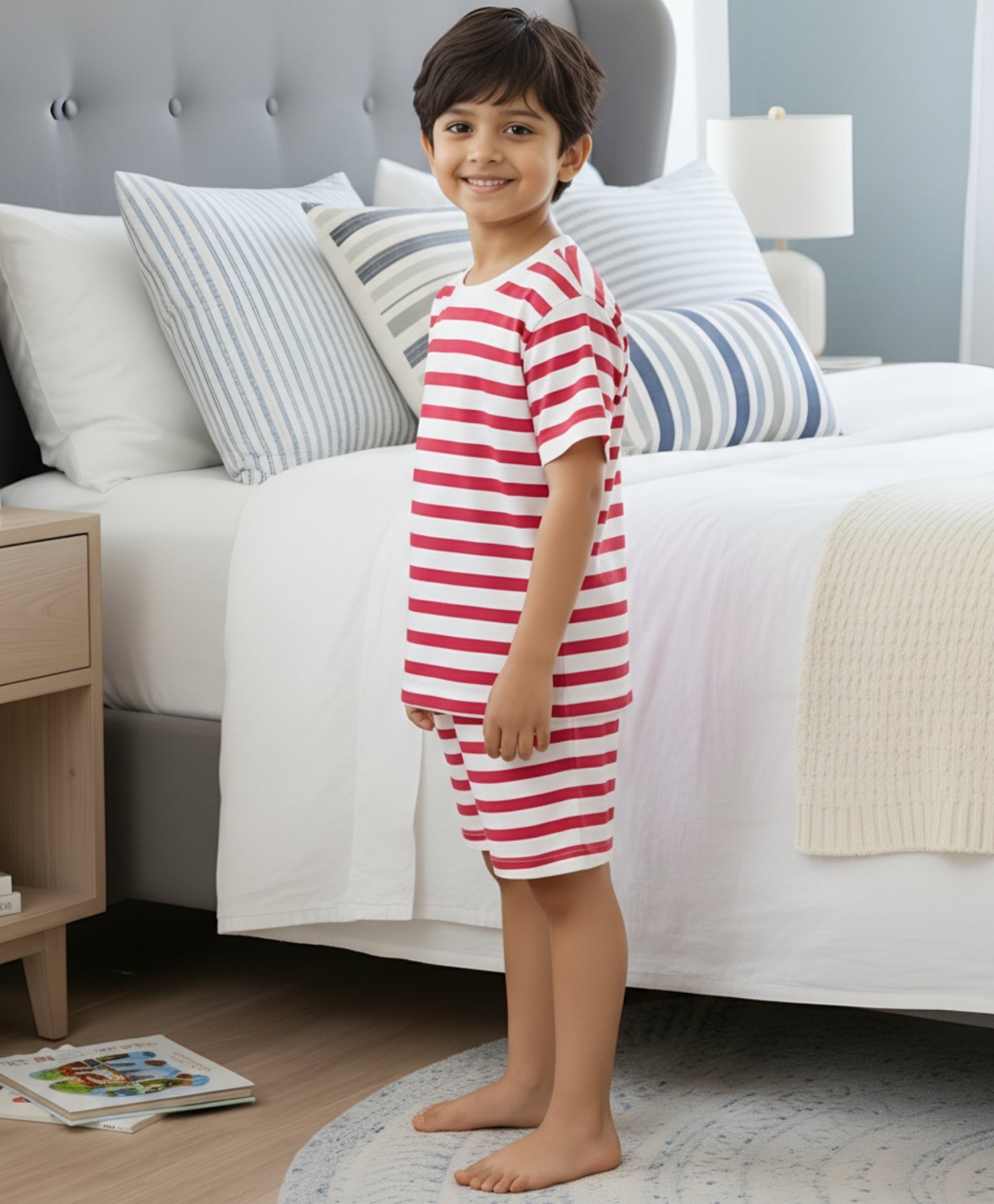 RED WHITE STRIPE SLEEPWEAR SHORT SET - RED/WHITE