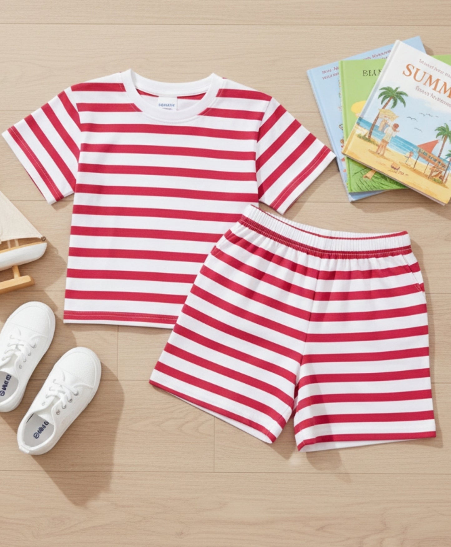 RED WHITE STRIPE SLEEPWEAR SHORT SET - RED/WHITE