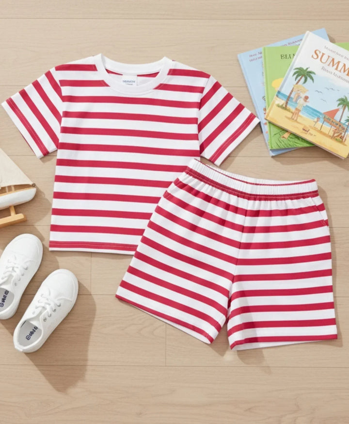 RED WHITE STRIPE SLEEPWEAR SHORT SET - RED/WHITE - Anthrilo 
