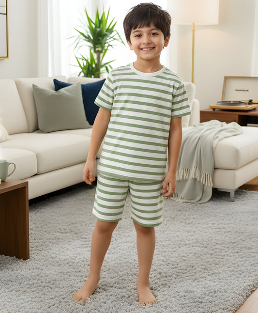 GREEN WHITE STRIPE SLEEPWEAR SHORT SET - GREEN/WHITE