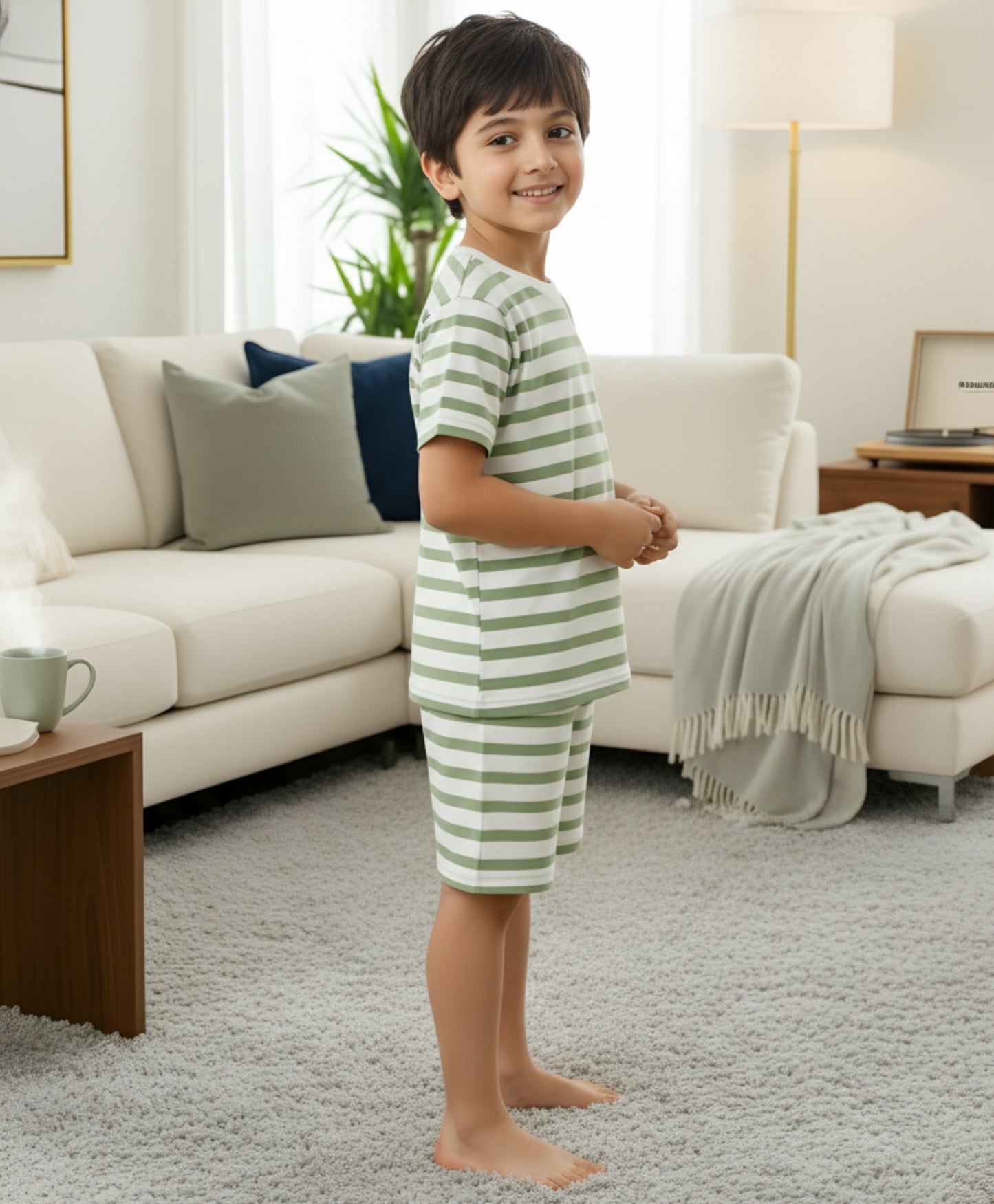GREEN WHITE STRIPE SLEEPWEAR SHORT SET - GREEN/WHITE
