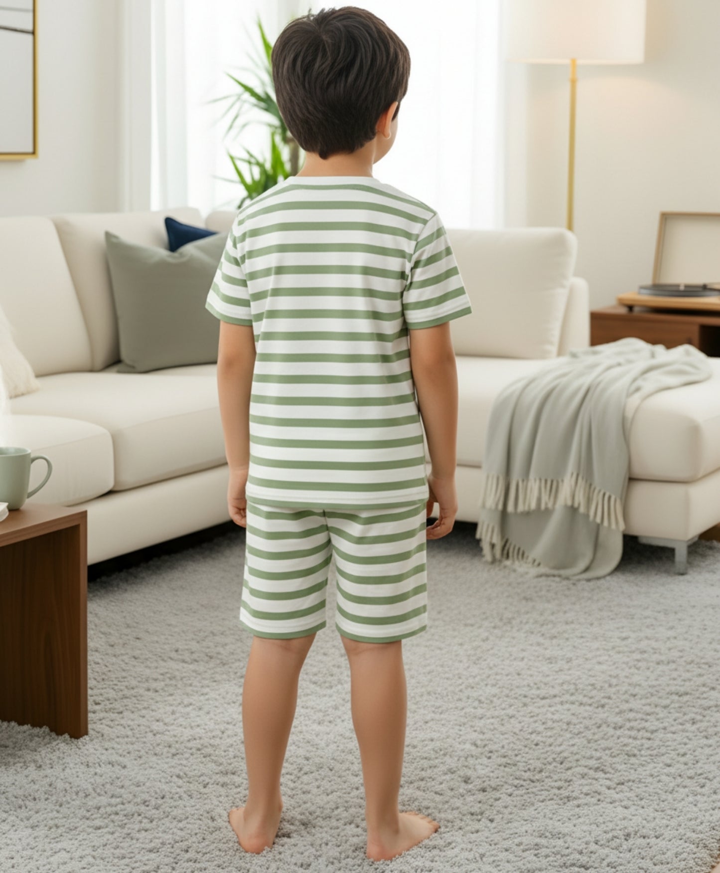 GREEN WHITE STRIPE SLEEPWEAR SHORT SET - GREEN/WHITE