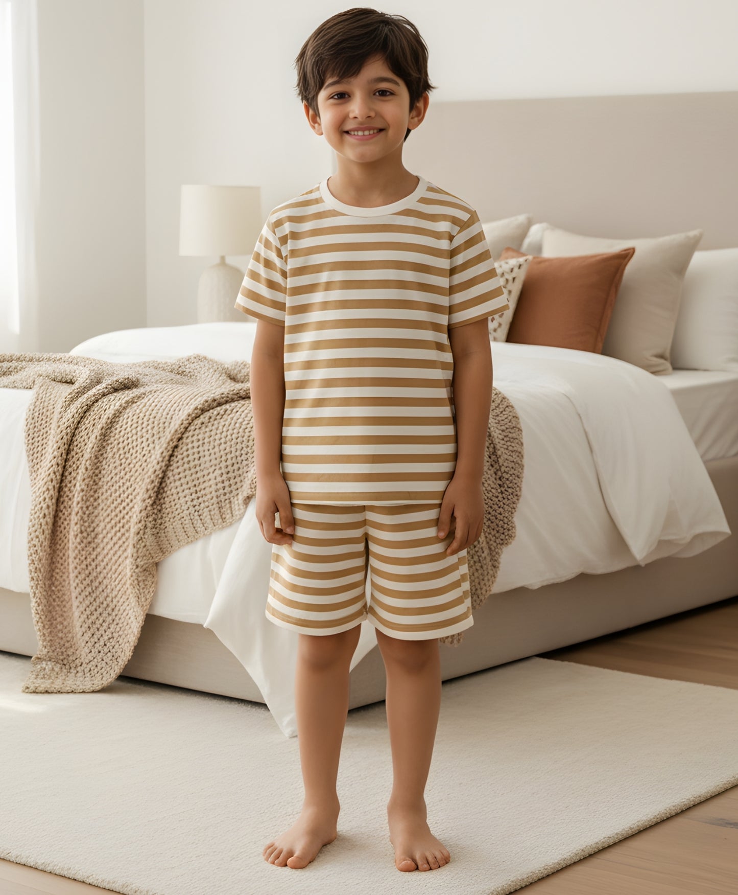BEIGE WHITE STRIPE SLEEPWEAR SHORT SET - BEIGE/WHITE